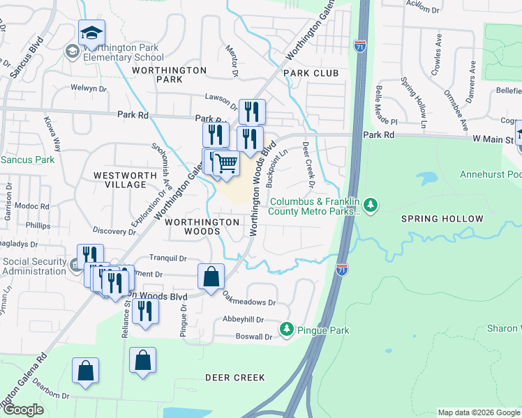 map of restaurants, bars, coffee shops, grocery stores, and more near 7546 Deercreek Drive in Worthington