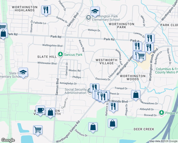 map of restaurants, bars, coffee shops, grocery stores, and more near 1024 Discovery Drive in Worthington