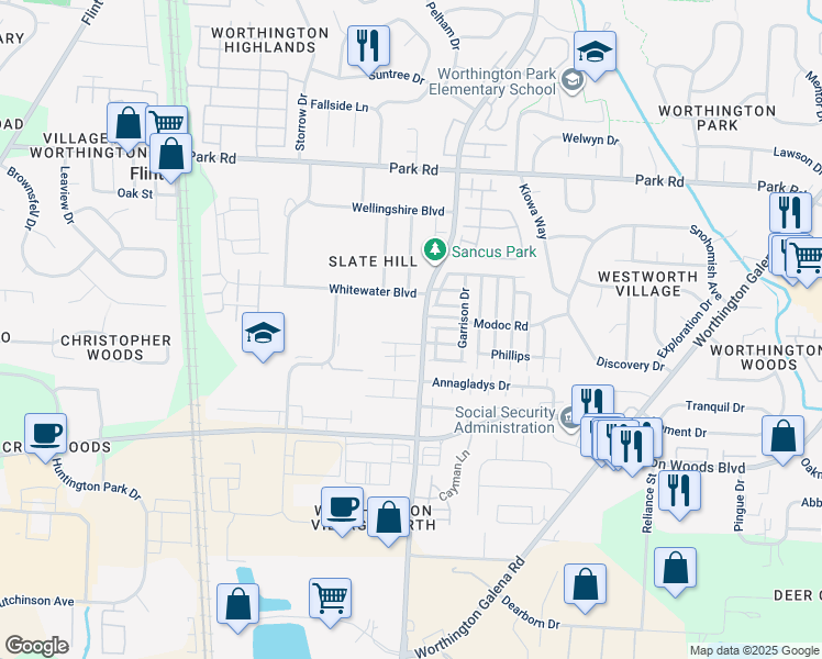 map of restaurants, bars, coffee shops, grocery stores, and more near 7685 Reedy Drive in Columbus