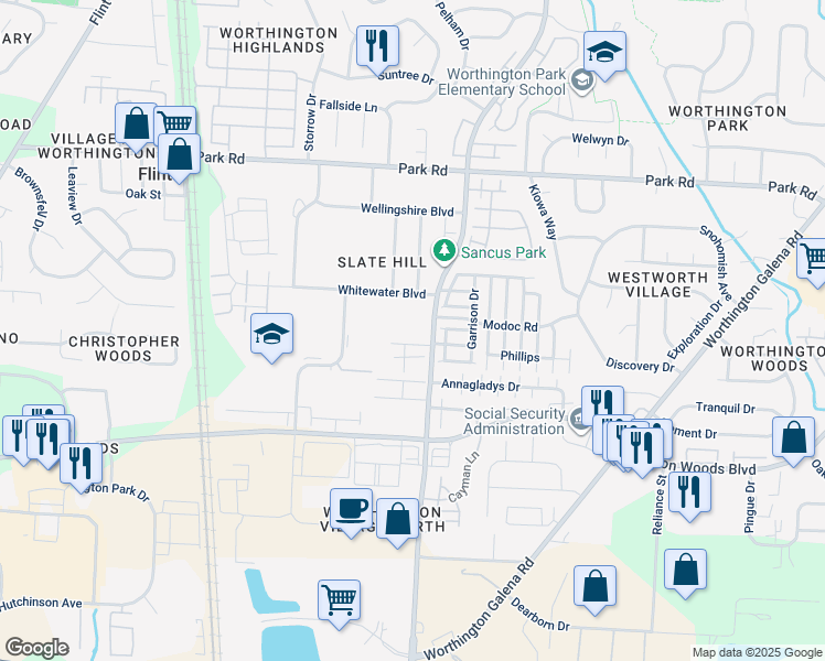 map of restaurants, bars, coffee shops, grocery stores, and more near 763 Ficus Drive in Columbus