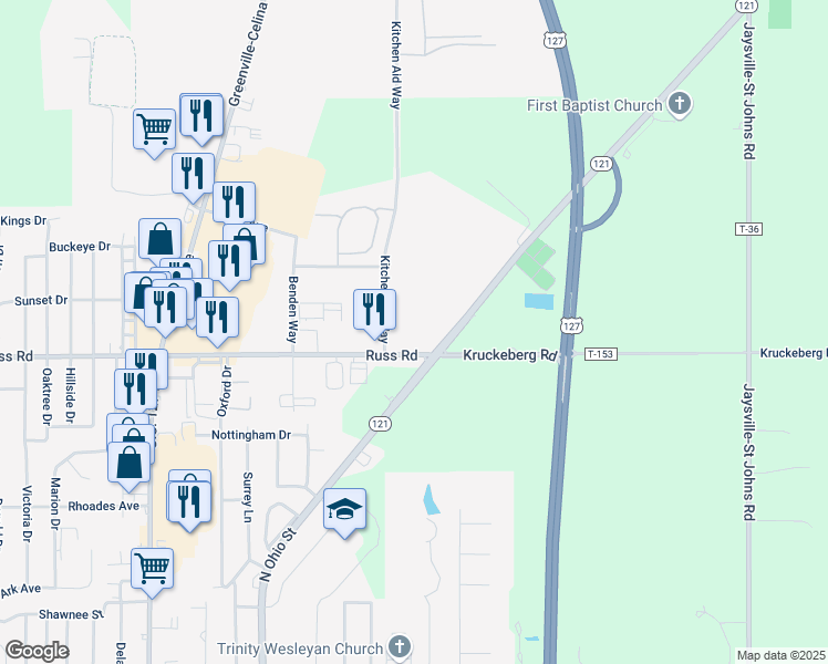 map of restaurants, bars, coffee shops, grocery stores, and more near 1276-1298 Russ Road in Greenville