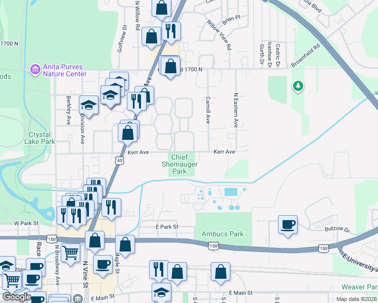 map of restaurants, bars, coffee shops, grocery stores, and more near 1008 Kerr Avenue in Urbana