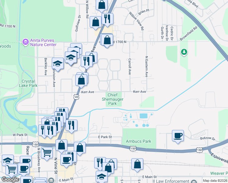 map of restaurants, bars, coffee shops, grocery stores, and more near 1008 Kerr Avenue in Urbana