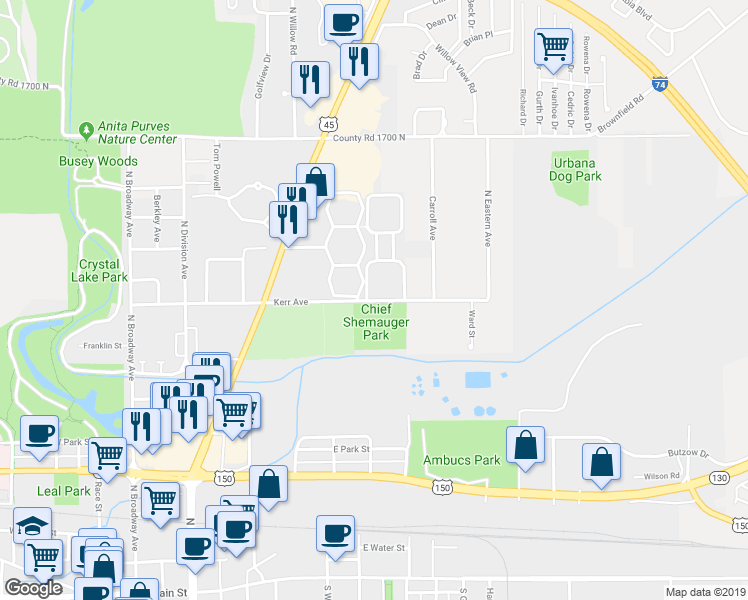 map of restaurants, bars, coffee shops, grocery stores, and more near 1008 Kerr Avenue in Urbana