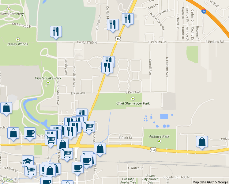 map of restaurants, bars, coffee shops, grocery stores, and more near in Urbana