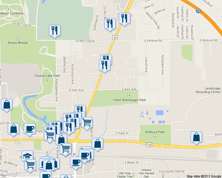 map of restaurants, bars, coffee shops, grocery stores, and more near in Urbana