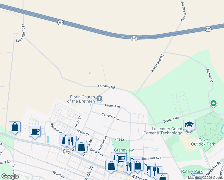 map of restaurants, bars, coffee shops, grocery stores, and more near 794 Fairview Road in Mount Joy
