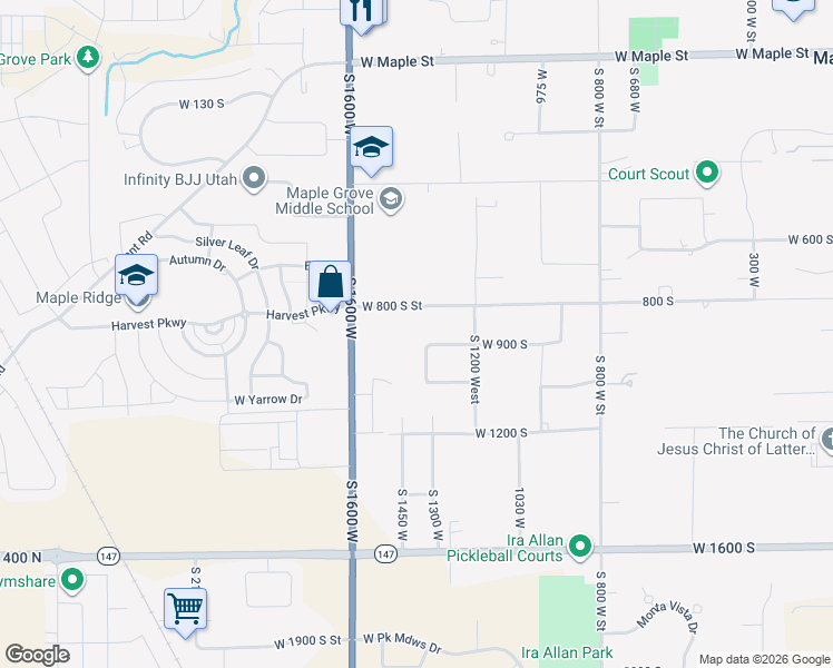 map of restaurants, bars, coffee shops, grocery stores, and more near 908 South 1350 West in Mapleton