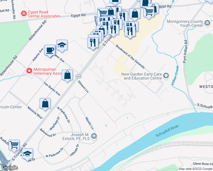map of restaurants, bars, coffee shops, grocery stores, and more near 703 Kennedy Court in Eagleville