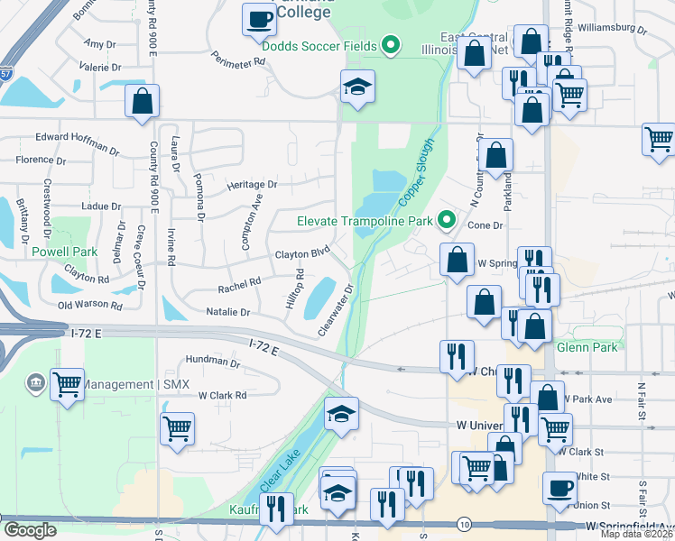 map of restaurants, bars, coffee shops, grocery stores, and more near 507 Clearwater Drive in Champaign