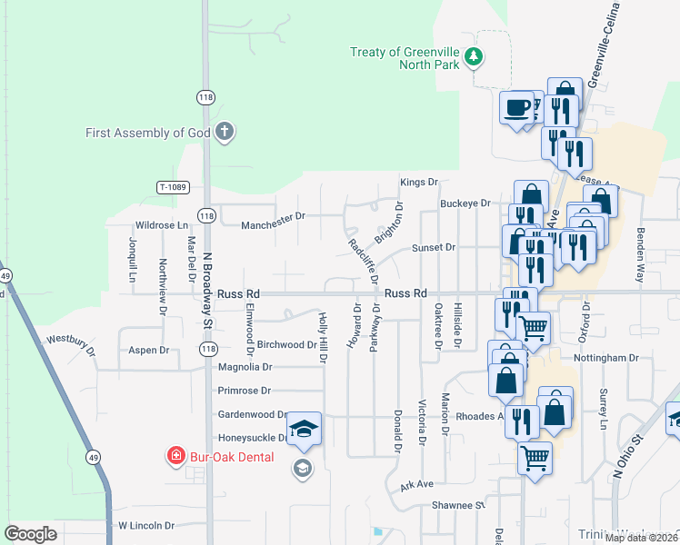 map of restaurants, bars, coffee shops, grocery stores, and more near 888 Russ Road in Greenville