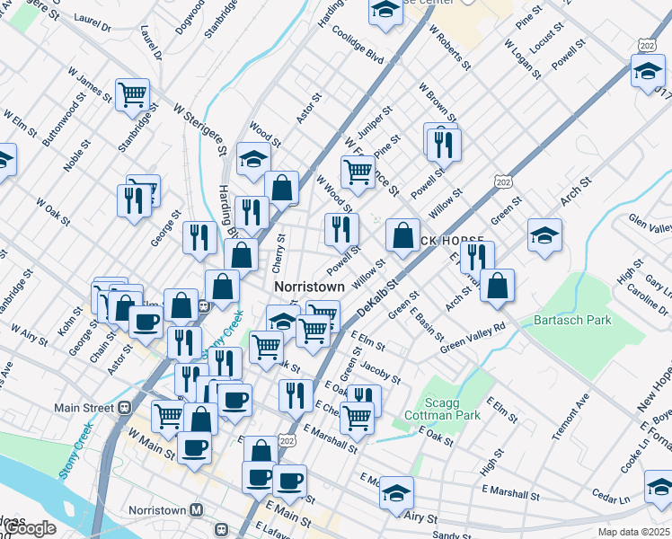 map of restaurants, bars, coffee shops, grocery stores, and more near 1074 Powell Street in Norristown
