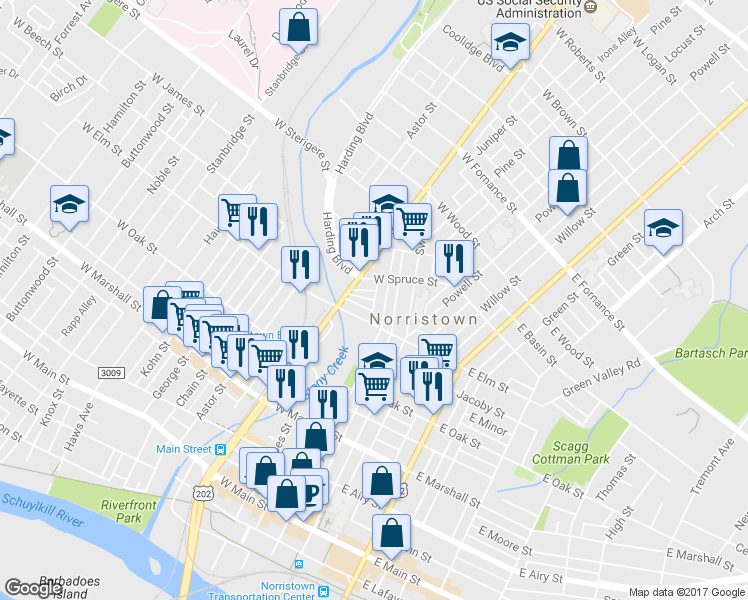 map of restaurants, bars, coffee shops, grocery stores, and more near 1027 Park Alley in Norristown