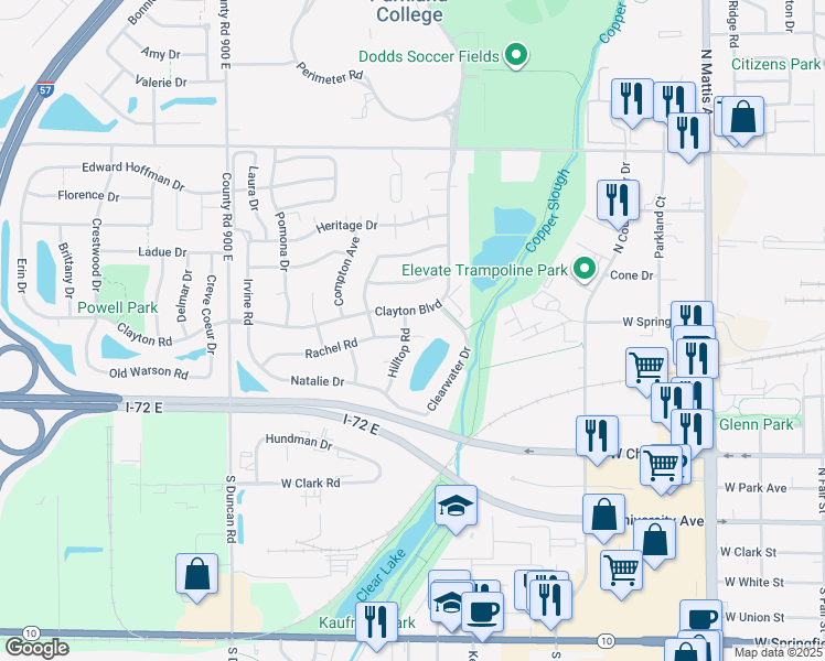 map of restaurants, bars, coffee shops, grocery stores, and more near 2608 Rachel Road in Champaign