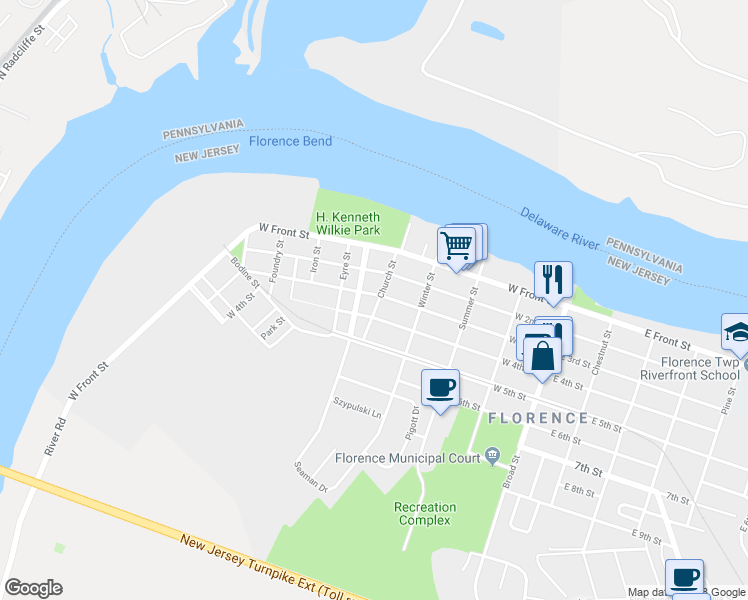 map of restaurants, bars, coffee shops, grocery stores, and more near 301 Church Street in Florence Township