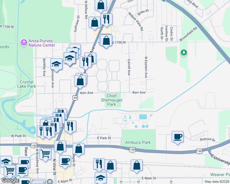map of restaurants, bars, coffee shops, grocery stores, and more near 1008 Kerr Avenue in Urbana