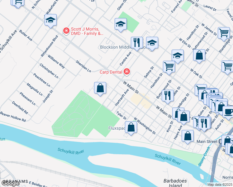 map of restaurants, bars, coffee shops, grocery stores, and more near 151 Rosemont Avenue in Norristown