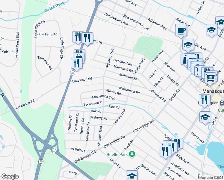 map of restaurants, bars, coffee shops, grocery stores, and more near 1124 Manito Road in Manasquan