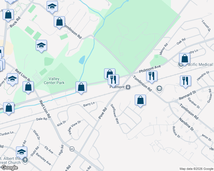 map of restaurants, bars, coffee shops, grocery stores, and more near 2840 Pine Road in Montgomery County