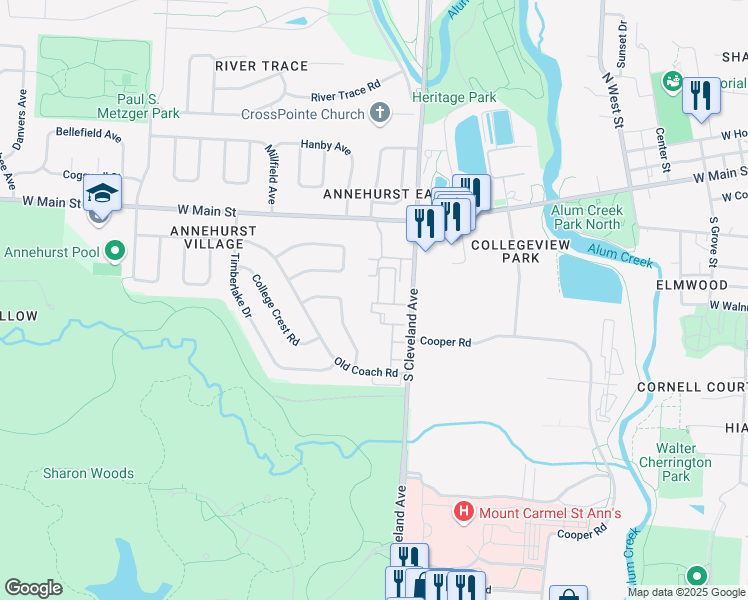 map of restaurants, bars, coffee shops, grocery stores, and more near 123 Lafayette Drive in Westerville