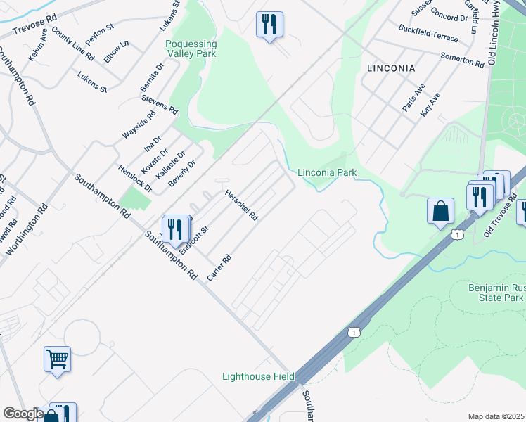 map of restaurants, bars, coffee shops, grocery stores, and more near 15110 Carter Road in Philadelphia
