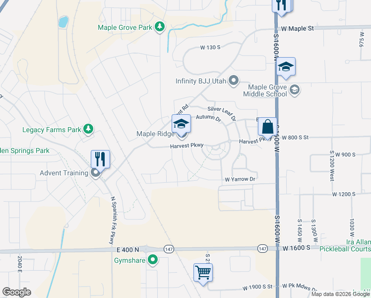 map of restaurants, bars, coffee shops, grocery stores, and more near 877 South Yarrow Drive in Mapleton