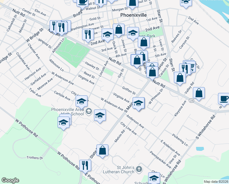 map of restaurants, bars, coffee shops, grocery stores, and more near 241 Virginia Avenue in Phoenixville