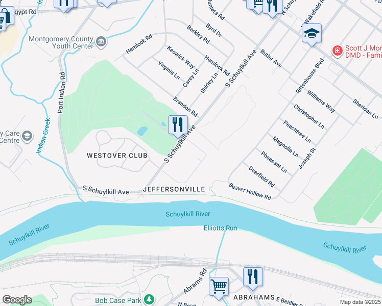 map of restaurants, bars, coffee shops, grocery stores, and more near 4 Westover Club Drive in Norristown