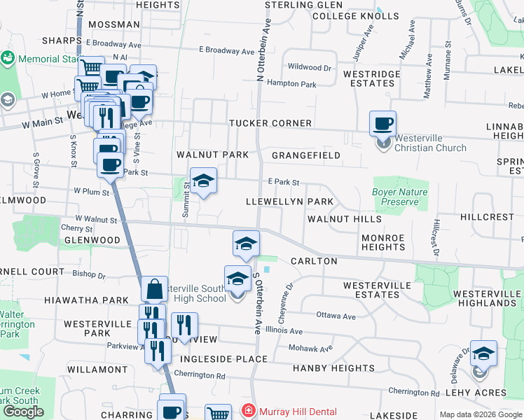 map of restaurants, bars, coffee shops, grocery stores, and more near 245 East Plum Street in Westerville