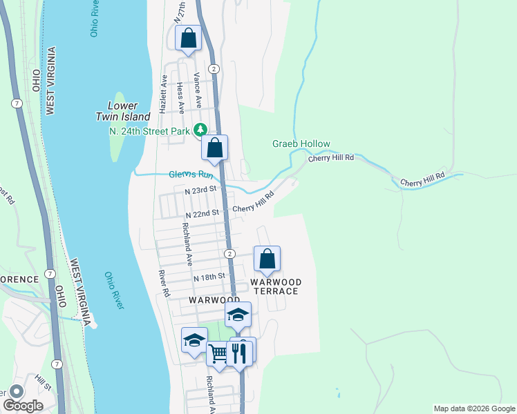 map of restaurants, bars, coffee shops, grocery stores, and more near 74 Cherry Hill Road in Wheeling
