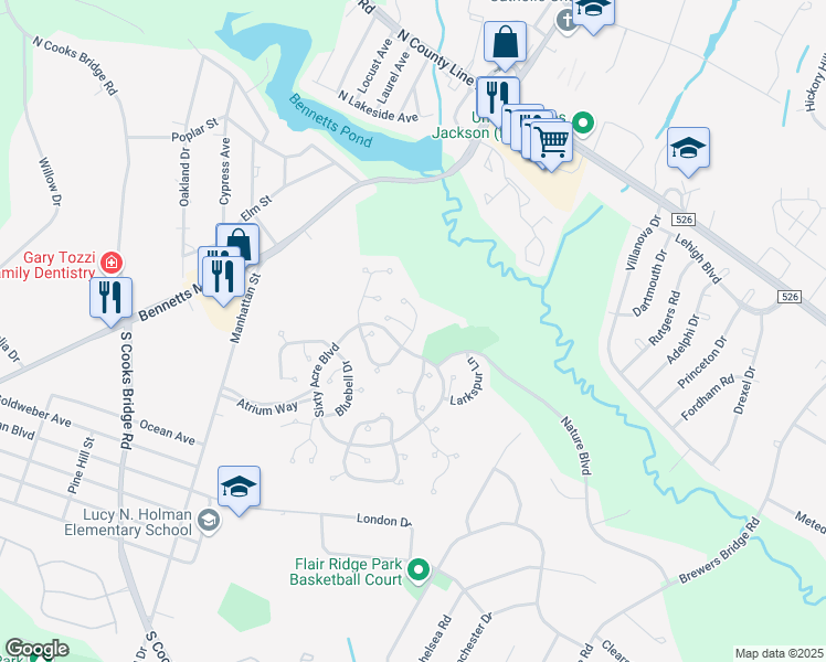 map of restaurants, bars, coffee shops, grocery stores, and more near Dahlia Court & Lilly Lane in Jackson