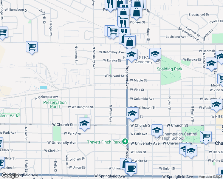 map of restaurants, bars, coffee shops, grocery stores, and more near 610 North Willis Street in Champaign