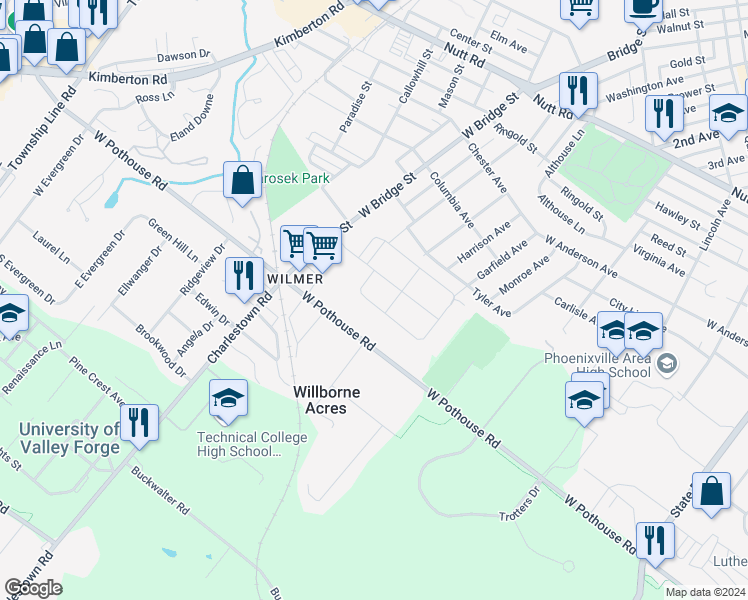 map of restaurants, bars, coffee shops, grocery stores, and more near 935 Parkview Drive in Phoenixville