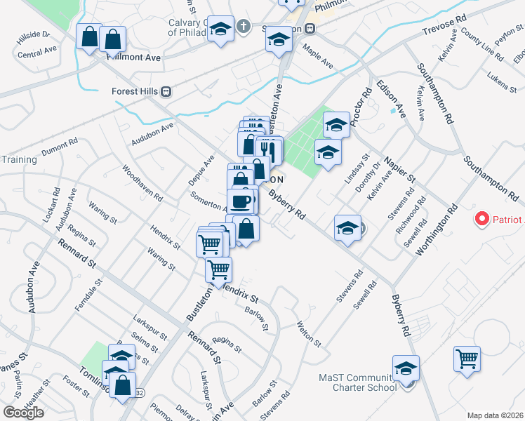 map of restaurants, bars, coffee shops, grocery stores, and more near 12021 Bustleton Avenue in Philadelphia