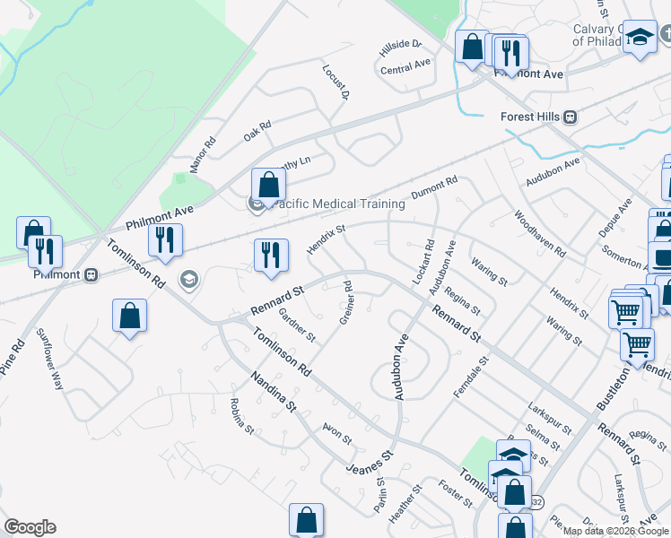 map of restaurants, bars, coffee shops, grocery stores, and more near 148 Rennard Street in Philadelphia
