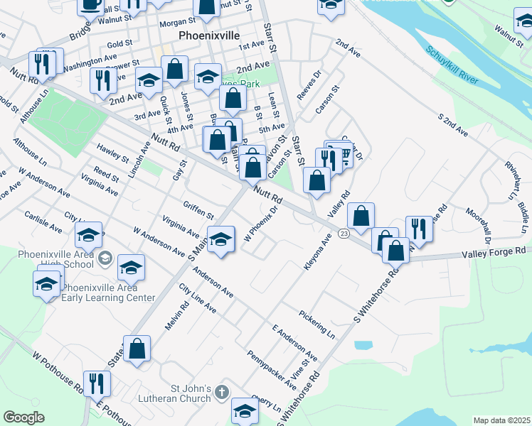 map of restaurants, bars, coffee shops, grocery stores, and more near 106 West Phoenix Drive in Phoenixville