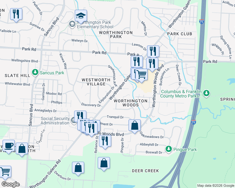 map of restaurants, bars, coffee shops, grocery stores, and more near 7603 Cortina Lane in Columbus