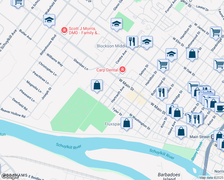 map of restaurants, bars, coffee shops, grocery stores, and more near 151 Rosemont Avenue in Norristown