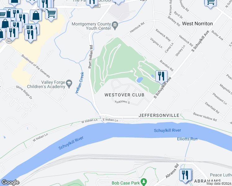 map of restaurants, bars, coffee shops, grocery stores, and more near 565 Canterbury Road in Norristown