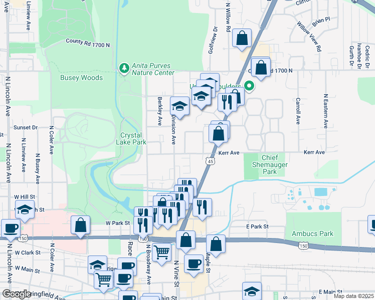 map of restaurants, bars, coffee shops, grocery stores, and more near 1002 North Highland Drive in Urbana