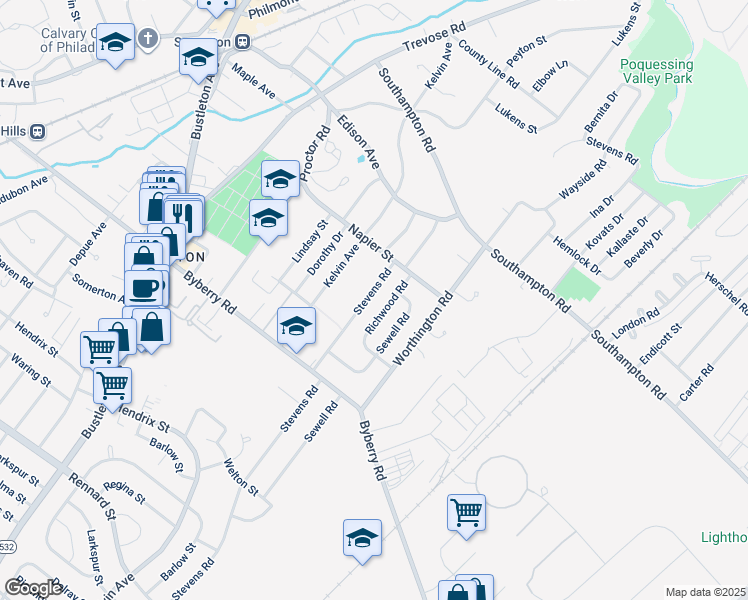 map of restaurants, bars, coffee shops, grocery stores, and more near 13049 Stevens Road in Philadelphia