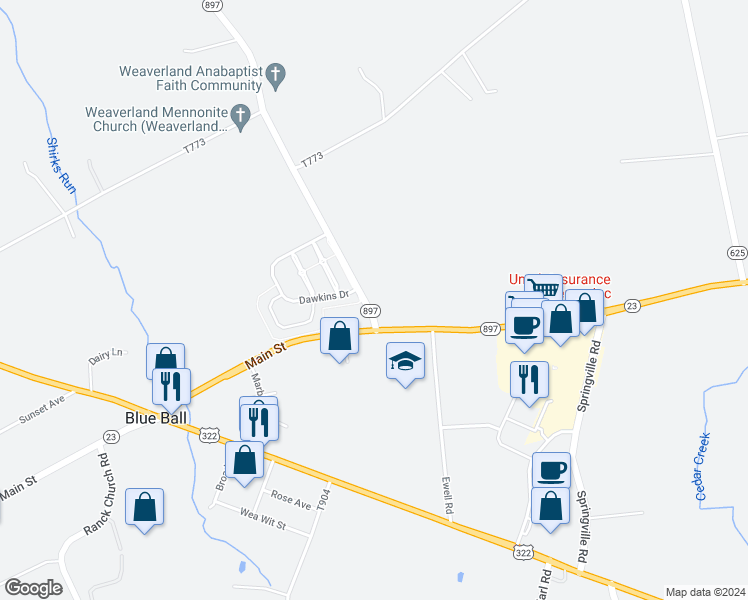 map of restaurants, bars, coffee shops, grocery stores, and more near 116 Weaverland Valley Road in East Earl