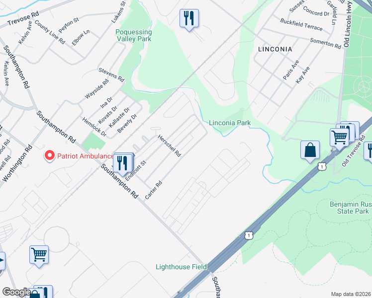 map of restaurants, bars, coffee shops, grocery stores, and more near 15112 Carter Road in Philadelphia