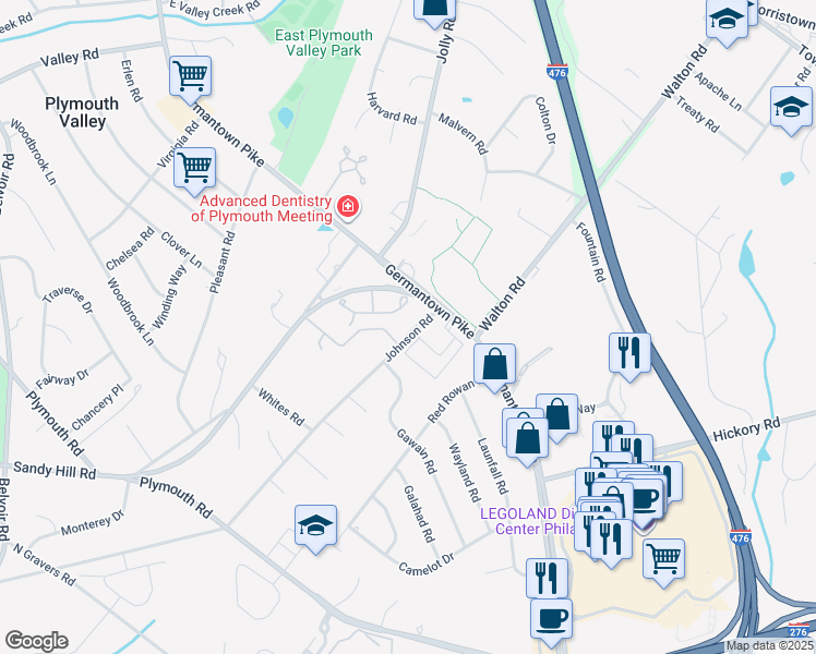 map of restaurants, bars, coffee shops, grocery stores, and more near 1965 Johnson Road in Plymouth Meeting
