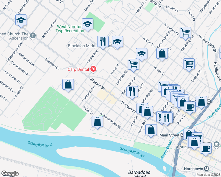 map of restaurants, bars, coffee shops, grocery stores, and more near 1120 West Airy Street in Norristown