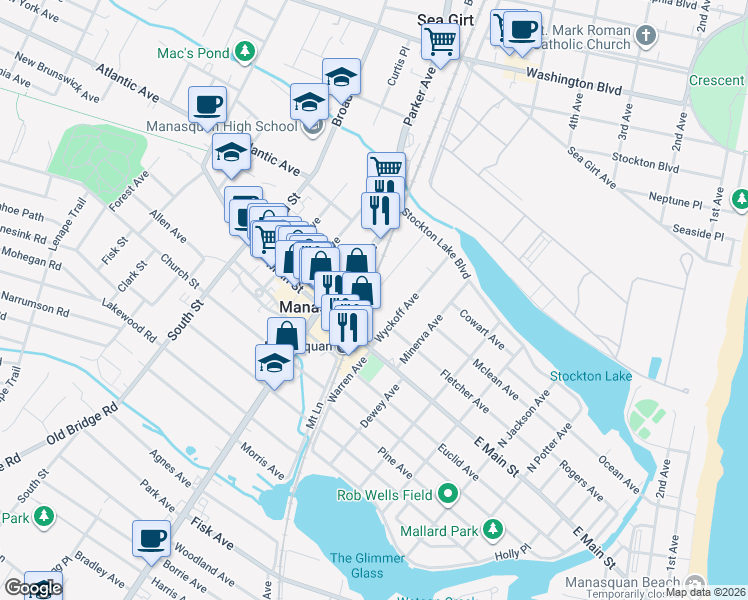 map of restaurants, bars, coffee shops, grocery stores, and more near 36 Colby Avenue in Manasquan