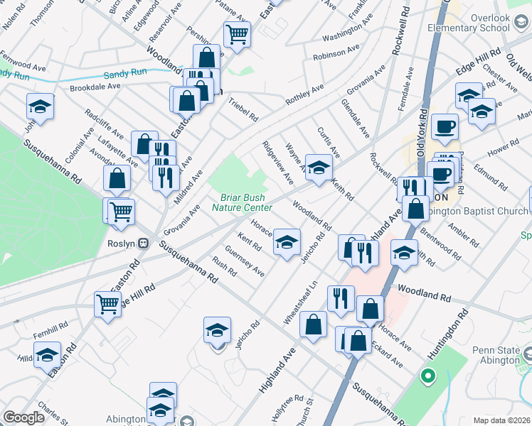 map of restaurants, bars, coffee shops, grocery stores, and more near 2126 Benezet Road in Abington