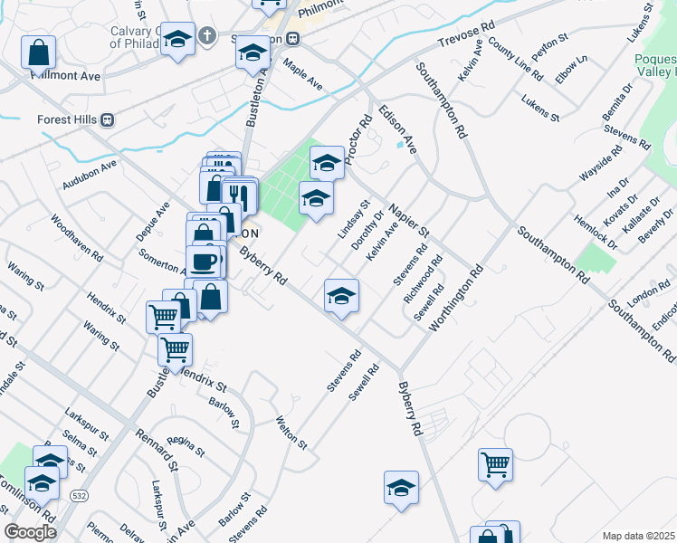 map of restaurants, bars, coffee shops, grocery stores, and more near 13015 Gaston Lane in Philadelphia
