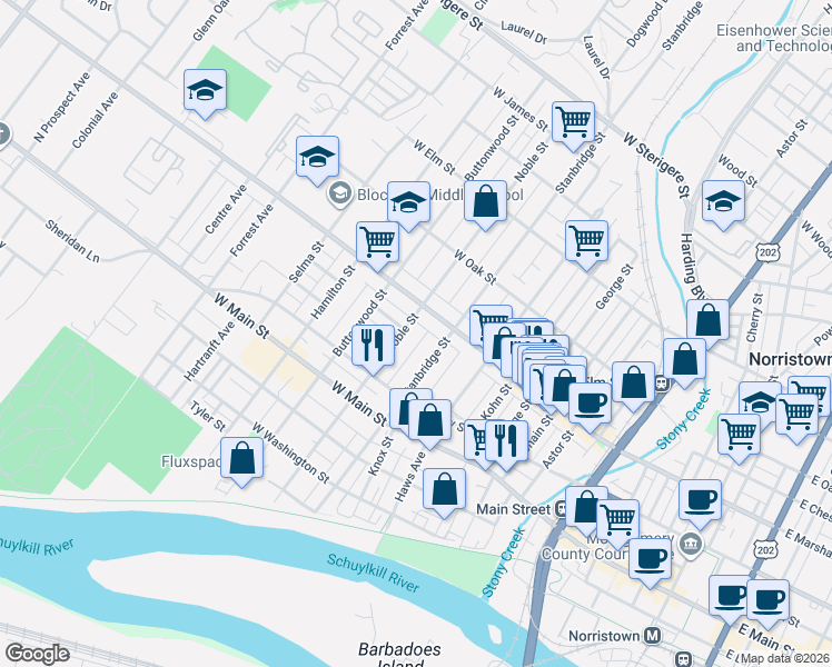 map of restaurants, bars, coffee shops, grocery stores, and more near 565 Stanbridge Street in Norristown