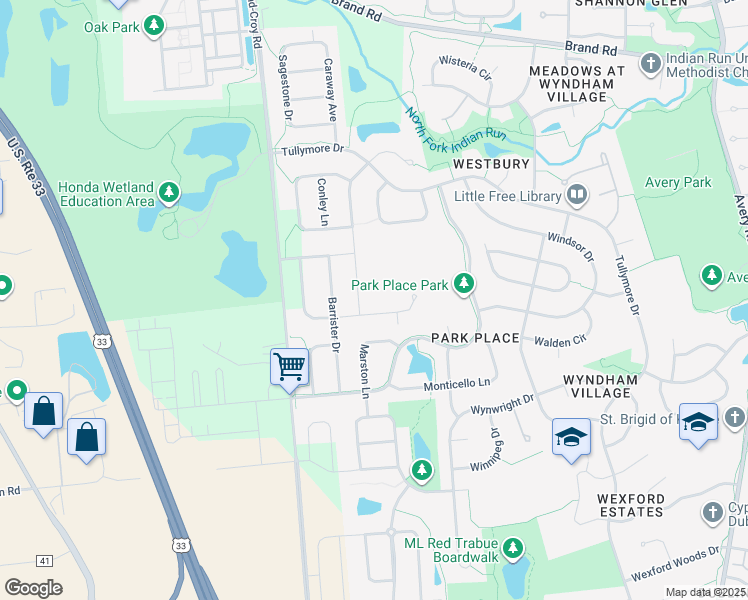map of restaurants, bars, coffee shops, grocery stores, and more near 7537 Marston Lane in Dublin